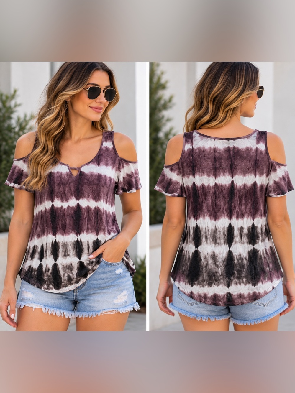 Rock & Republic Plum and Black Tie-Dye Cold Shoulder Tank